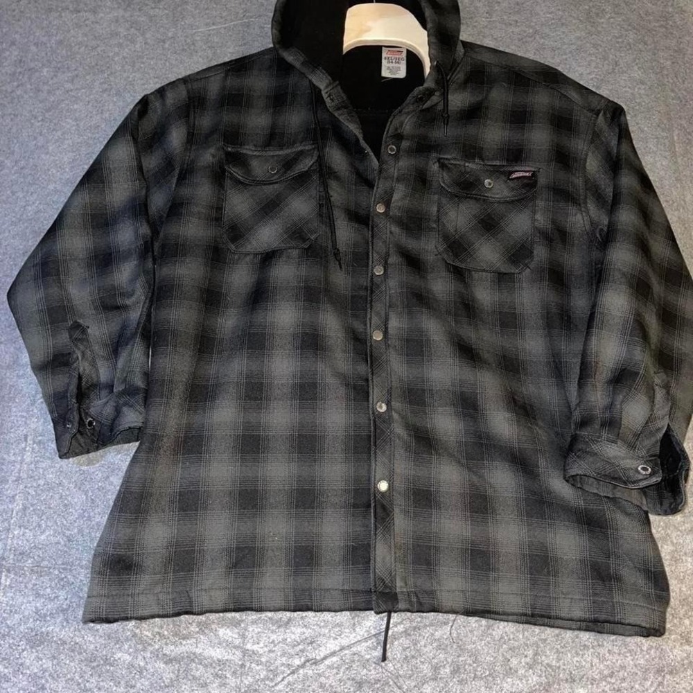 Genuine Dickies Men 3XL Hooded Flannel Shacket Black Grey Plaid Fleece Lined